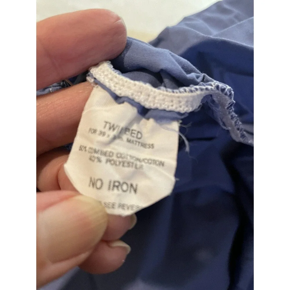 Vintage Solid Blue Twin Sheet‎ Set Satin Trim Fitted, Flat, 2 Pillowcases